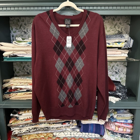 Jos A Bank Sweater Mens XL Maroon 100% Merino Wool Argyle Pullover Stretch NWT - Picture 2 of 6